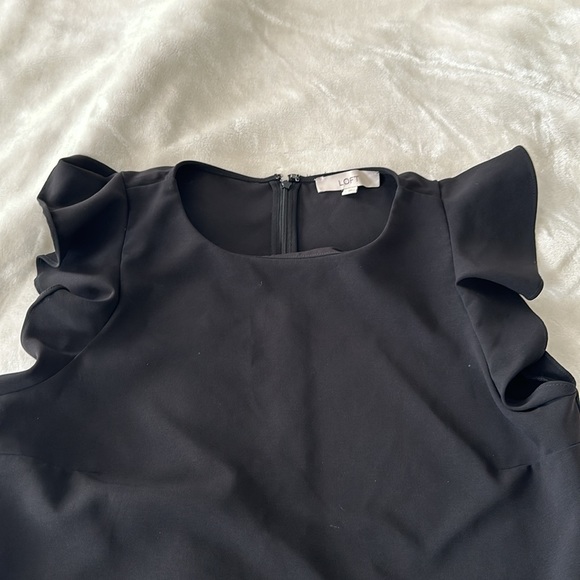 LOFT BLACK FIT AND FLARE MIDI ZIPUP W RUFFLE DETAIL CAP SLEEVE DRESS SZ 14 - Picture 2 of 4